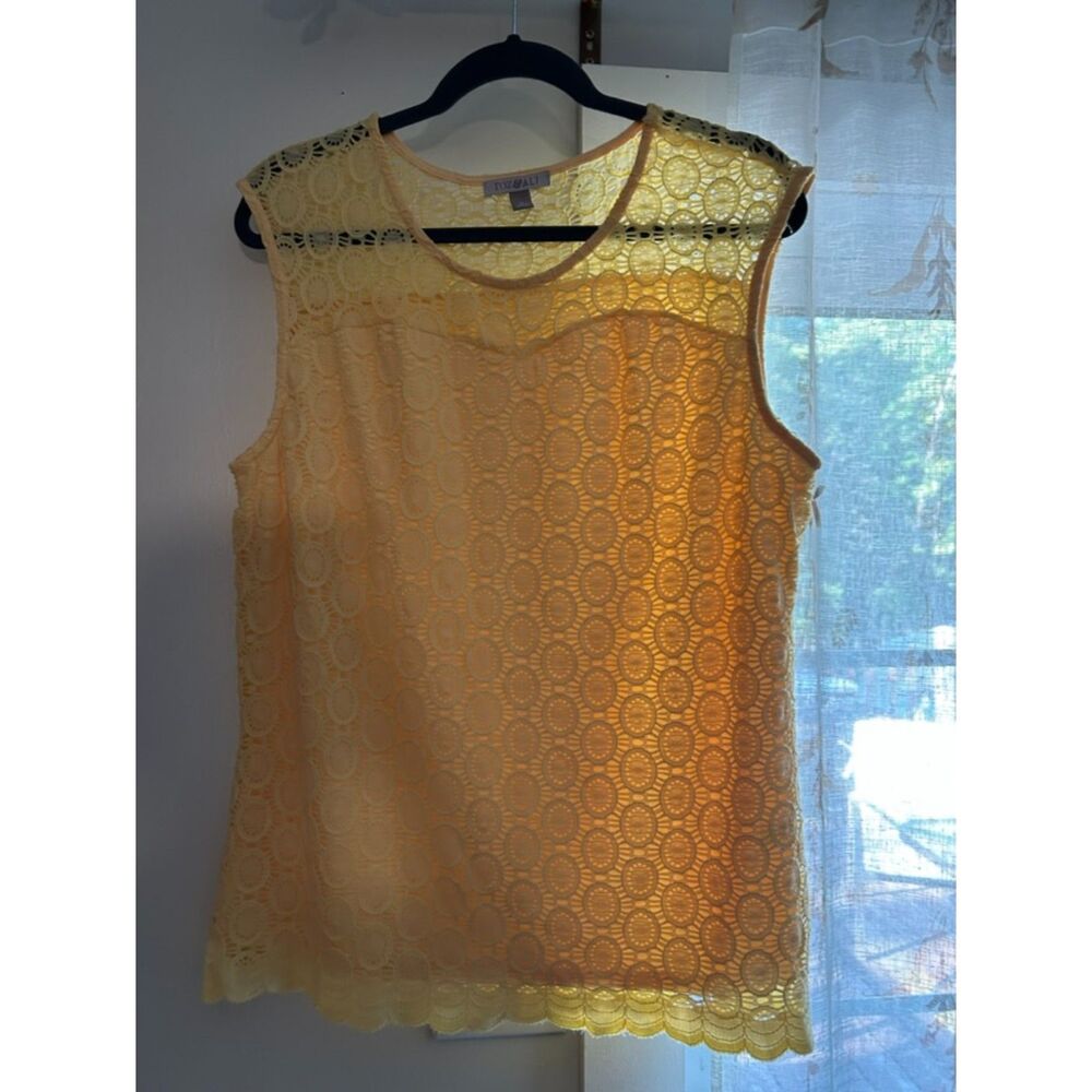 Roz & Ali Women’s XL Yellow Lace Sleeveless Top Crochet Scalloped Hem